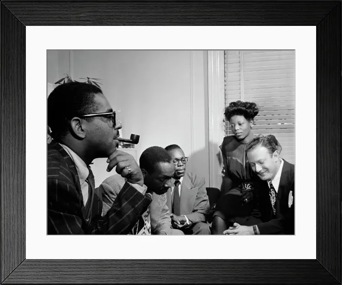 Framed Print : Portrait of Dizzy Gillespie, Tadd Dameron, Hank Jones...Mary Lou Williams apartment, N.Y. 1947. Creator: William Paul Gottlieb Framed Print : Portrait of Dizzy Gillespie, Tadd Dameron, Hank Jones...Mary Lou Williams apartment, N.Y. 1947. Creator: William Paul Gottlieb