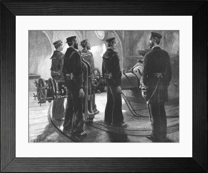 Framed Print : The Naval Manoeuvres - Torpedo Drill on board an Ironclad: Ready !, 1891. Creator: Charles Joseph Staniland Framed Print : The Naval Manoeuvres - Torpedo Drill on board an Ironclad: Ready !, 1891. Creator: Charles Joseph Staniland