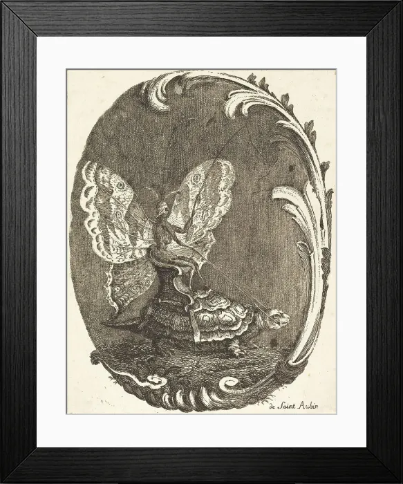 Framed Print : Le Papillon et la Tortue (The Butterfly and the Turtle), in or after 1756. Creator: Charles-Germain de Saint-Aubin Framed Print : Le Papillon et la Tortue (The Butterfly and the Turtle), in or after 1756. Creator: Charles-Germain de Saint-Aubin