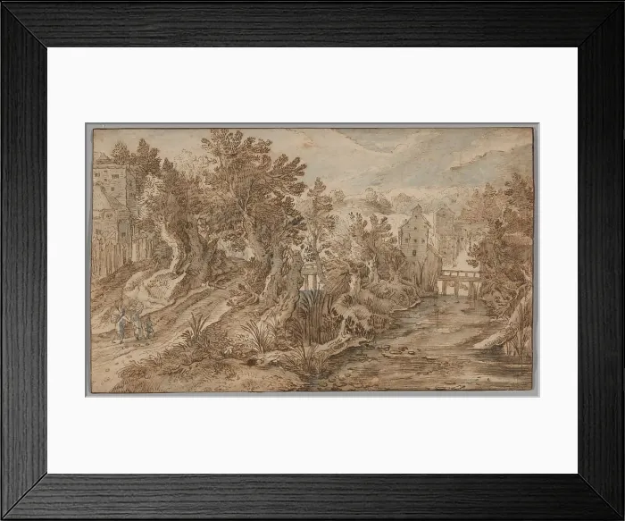 Framed Print : Village Scene with a River and Wooden Bridge, 1595 / 1600. Creator: Pieter Stevens Framed Print : Village Scene with a River and Wooden Bridge, 1595 / 1600. Creator: Pieter Stevens