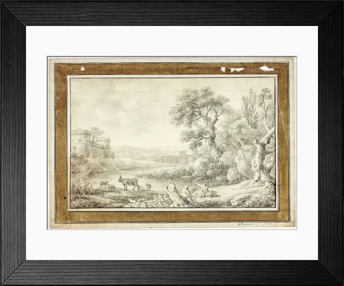 Framed Print : Couple, Bull and Sheep by River with Castles in Background, n.d Framed Print : Couple, Bull and Sheep by River with Castles in Background, n.d