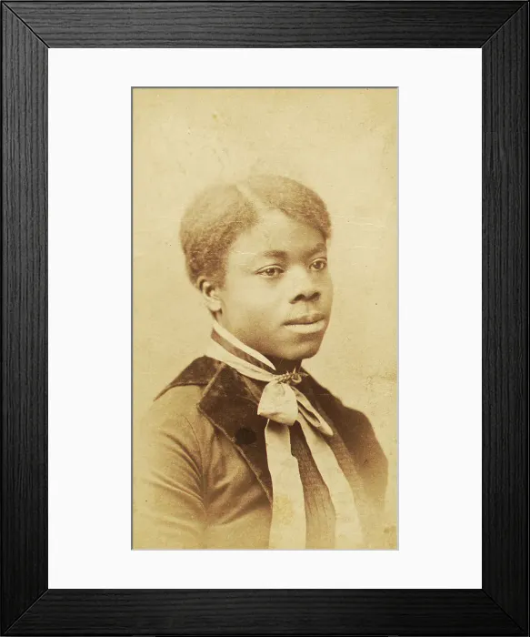 Framed Print : Portrait of young woman with velvet lapels and ribbon bow around neck, (1880-1889?). Creator: LV Bean Framed Print : Portrait of young woman with velvet lapels and ribbon bow around neck, (1880-1889?). Creator: LV Bean
