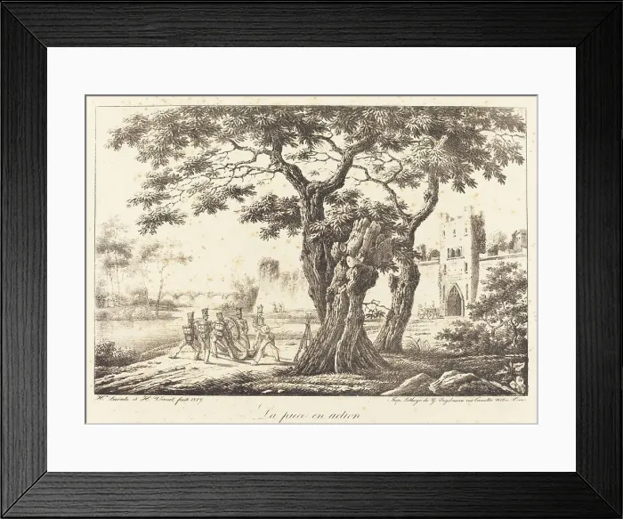 Framed Print : La piece en action, 1817. Creator: Emile Jean-Horace Vernet Framed Print : La piece en action, 1817. Creator: Emile Jean-Horace Vernet