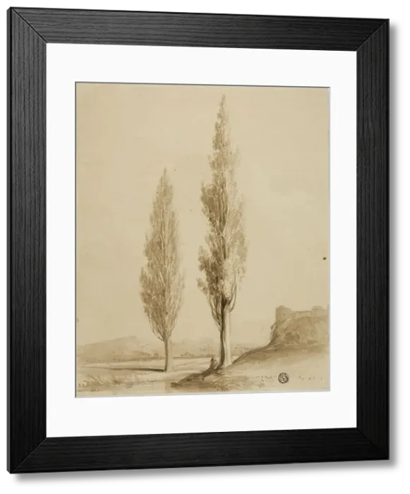 Framed Print : Two Poplars and Seated Figure Beside Stream, n.d. Creator: Unknown Framed Print : Two Poplars and Seated Figure Beside Stream, n.d. Creator: Unknown