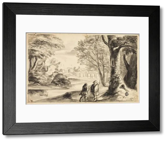 Framed Print : Two Travelers under Tree with Village and Bridge in Distance, 1707. Creator: Unknown Framed Print : Two Travelers under Tree with Village and Bridge in Distance, 1707. Creator: Unknown