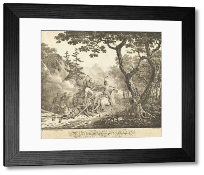 Framed Print : Wounded French Attacked by a Cossack, 1817. Creators: Emile Jean-Horace Vernet, Hippolyte Lecomte Framed Print : Wounded French Attacked by a Cossack, 1817. Creators: Emile Jean-Horace Vernet, Hippolyte Lecomte