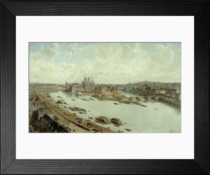 Framed Print : Panoramic view of Paris in 1588, from the rooftops of the Louvre, with Pont-Neuf under... 1890. Creator: Theodor Josef Hubert Hoffbauer Framed Print : Panoramic view of Paris in 1588, from the rooftops of the Louvre, with Pont-Neuf under... 1890. Creator: Theodor Josef Hubert Hoffbauer