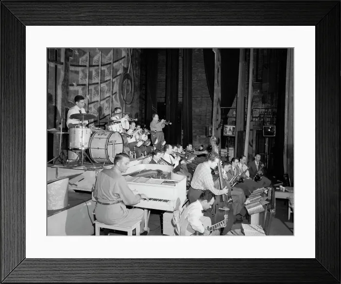 Framed Print : Portrait of Stan Kenton, Laurindo Almeida, Eddie Safranski, Bob Cooper, Art...Richmond, Va.(?), 1947 Creator: William Paul Gottlieb Framed Print : Portrait of Stan Kenton, Laurindo Almeida, Eddie Safranski, Bob Cooper, Art...Richmond, Va.(?), 1947 Creator: William Paul Gottlieb