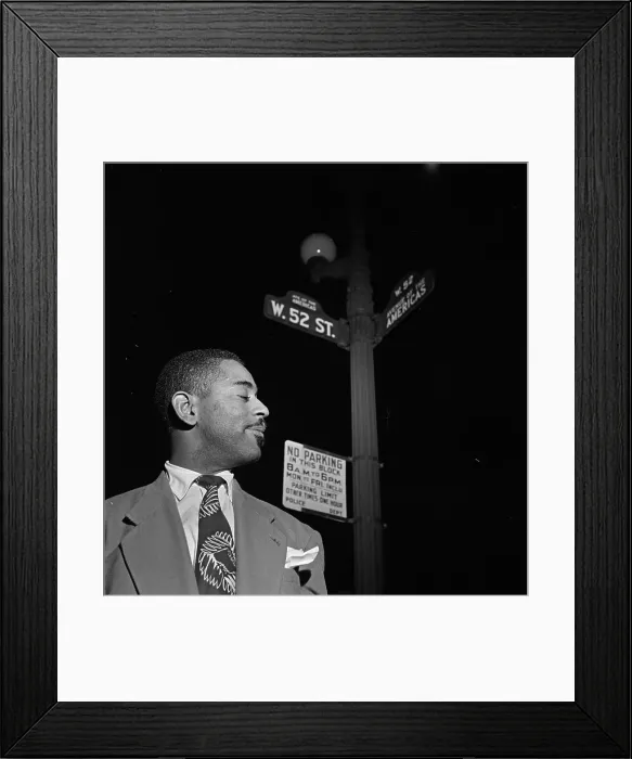 Framed Print : Portrait of Dizzy Gillespie, 52nd Street, New York, N.Y. 1946. Creator: William Paul Gottlieb Framed Print : Portrait of Dizzy Gillespie, 52nd Street, New York, N.Y. 1946. Creator: William Paul Gottlieb