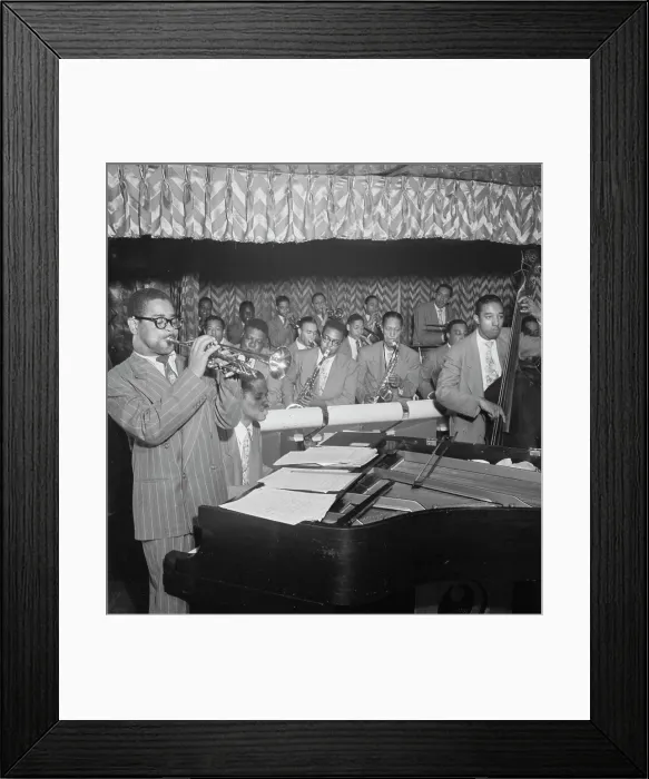 Framed Print : Portrait of Dizzy Gillespie, John Lewis, Cecil Payne, Miles Davis, and Ray Brown... New York, 1946. Creator: William Paul Gottlieb Framed Print : Portrait of Dizzy Gillespie, John Lewis, Cecil Payne, Miles Davis, and Ray Brown... New York, 1946. Creator: William Paul Gottlieb