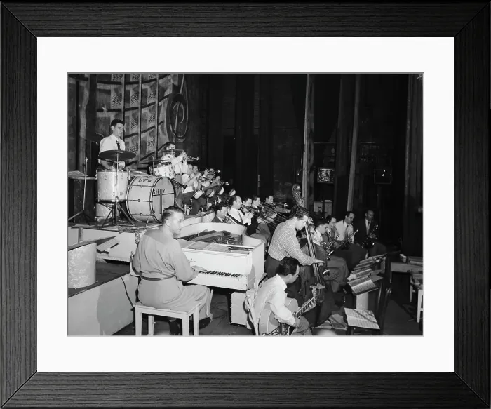 Framed Print : Portrait of Stan Kenton, Laurindo Almeida, Eddie Safranski, Bob Cooper...Richmond, Va.(?), 1947 or 48 Creator: William Paul Gottlieb Framed Print : Portrait of Stan Kenton, Laurindo Almeida, Eddie Safranski, Bob Cooper...Richmond, Va.(?), 1947 or 48 Creator: William Paul Gottlieb