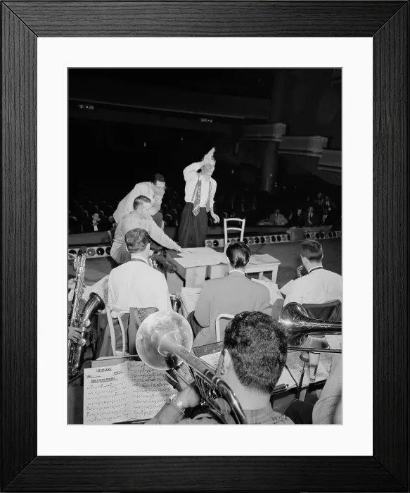 Framed Print : Portrait of Bob Graettinger, Pete Rugolo, and Stan Kenton, Richmond, Va.(?), 1947 or 1948. Creator: William Paul Gottlieb Framed Print : Portrait of Bob Graettinger, Pete Rugolo, and Stan Kenton, Richmond, Va.(?), 1947 or 1948. Creator: William Paul Gottlieb