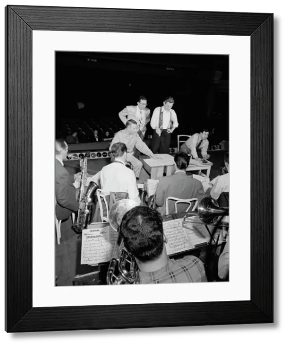 Framed Print : Portrait of Bob Graettinger, Pete Rugolo, and Stan Kenton, Richmond, Va.(?), 1947 or 1948. Creator: William Paul Gottlieb Framed Print : Portrait of Bob Graettinger, Pete Rugolo, and Stan Kenton, Richmond, Va.(?), 1947 or 1948. Creator: William Paul Gottlieb