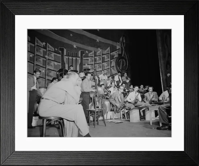 Framed Print : Portrait of Stan Kenton, Eddie Safranski, Shelly Manne, Chico Alvarez...Richmond, Va.(?), 1947 or 48 Creator: William Paul Gottlieb Framed Print : Portrait of Stan Kenton, Eddie Safranski, Shelly Manne, Chico Alvarez...Richmond, Va.(?), 1947 or 48 Creator: William Paul Gottlieb