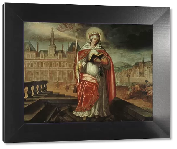 Saint Geneviève, patron of Paris, in front of the Hôtel de Ville; on the right... around 1620. Creator: Unknown