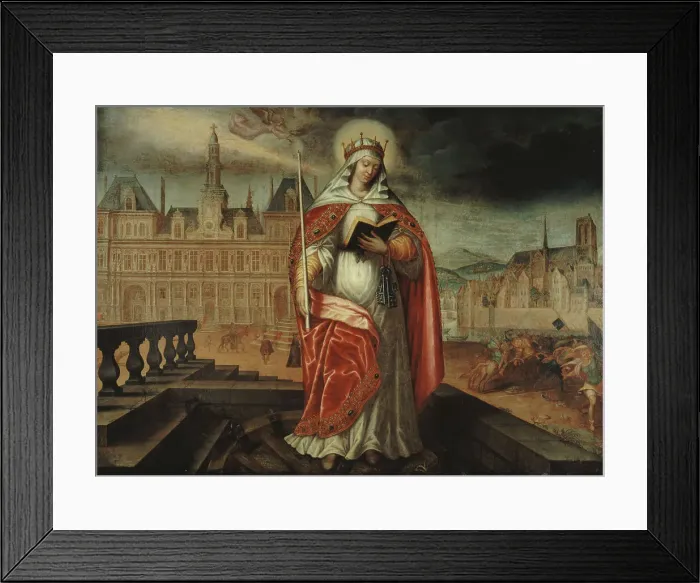 Framed Print : Saint Geneviève, patron of Paris, in front of the Hôtel de Ville; on the right... around 1620. Creator: Unknown Framed Print : Saint Geneviève, patron of Paris, in front of the Hôtel de Ville; on the right... around 1620. Creator: Unknown