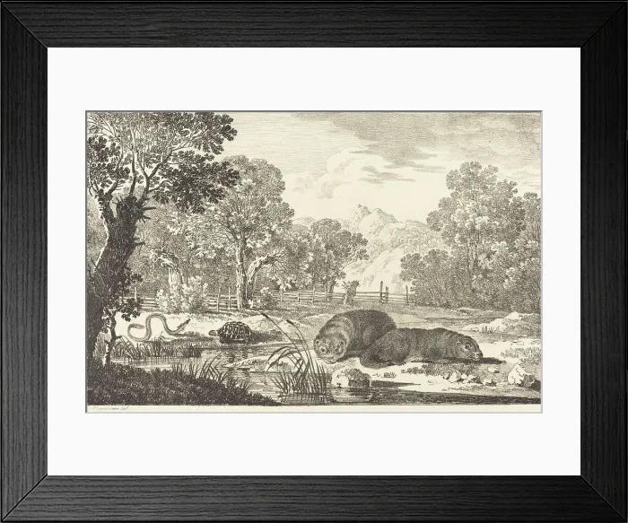 Framed Print : River Landscape with Two Beavers, 1807. Creator: Max Josef Wagenbauer Framed Print : River Landscape with Two Beavers, 1807. Creator: Max Josef Wagenbauer