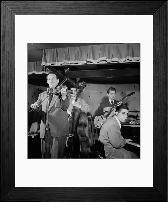 Framed Print : Portrait of Sam Hall Kaplan, Frenchy Cauette, Chuck Wayne, and Deryk Sampson, Three Deuces, NY, 1947 Creator: William Paul Gottlieb Framed Print : Portrait of Sam Hall Kaplan, Frenchy Cauette, Chuck Wayne, and Deryk Sampson, Three Deuces, NY, 1947 Creator: William Paul Gottlieb