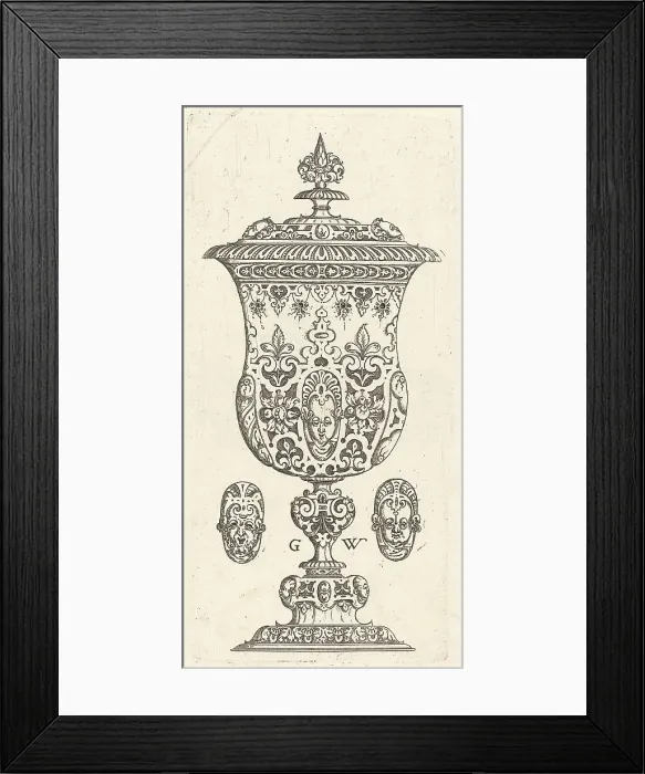 Framed Print : Goblet with two Masques on lid, published 1579. Creator: Georg Wechter I Framed Print : Goblet with two Masques on lid, published 1579. Creator: Georg Wechter I