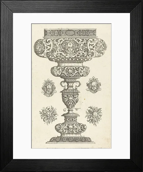 Framed Print : Goblet, rim decorated with masque and bouquet of fruit, published 1579. Creator: Georg Wechter I Framed Print : Goblet, rim decorated with masque and bouquet of fruit, published 1579. Creator: Georg Wechter I