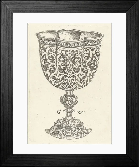 Framed Print : Chalice with six embossings, base decorated with two dolphins, published 1579. Creator: Georg Wechter I Framed Print : Chalice with six embossings, base decorated with two dolphins, published 1579. Creator: Georg Wechter I