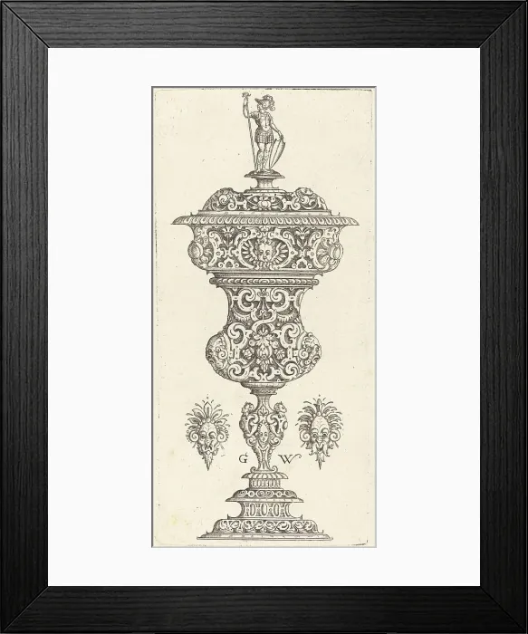 Framed Print : Goblet with lid surmounted by a Roman soldier, published 1579. Creator: Georg Wechter I Framed Print : Goblet with lid surmounted by a Roman soldier, published 1579. Creator: Georg Wechter I