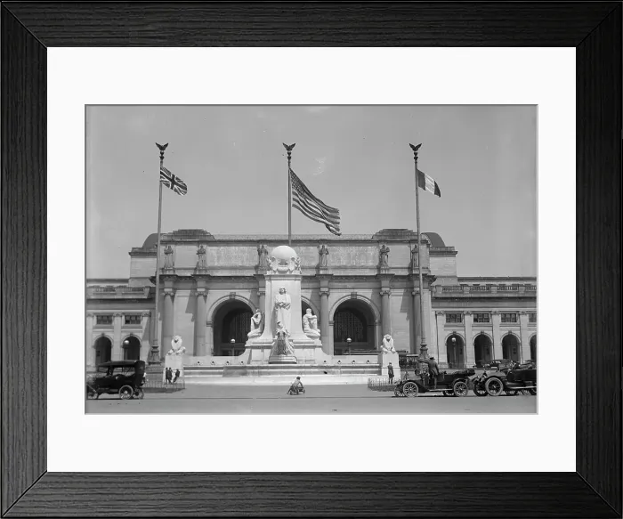 Framed Print : Flags - American, British, And French Flags in Front of Union Station, Awaiting Arrival... 1917. Creator: Harris & Ewing. Flags - American, British, And French Flags in Front of Union Station, Awaiting Arrival... 1917. Creator: Harris & Ewing Framed Print : Flags - American, British, And French Flags in Front of Union Station, Awaiting Arrival... 1917. Creator: Harris & Ewing. Flags - American, British, And French Flags in Front of Union Station, Awaiting Arrival... 1917. Creator: Harris & Ewing
