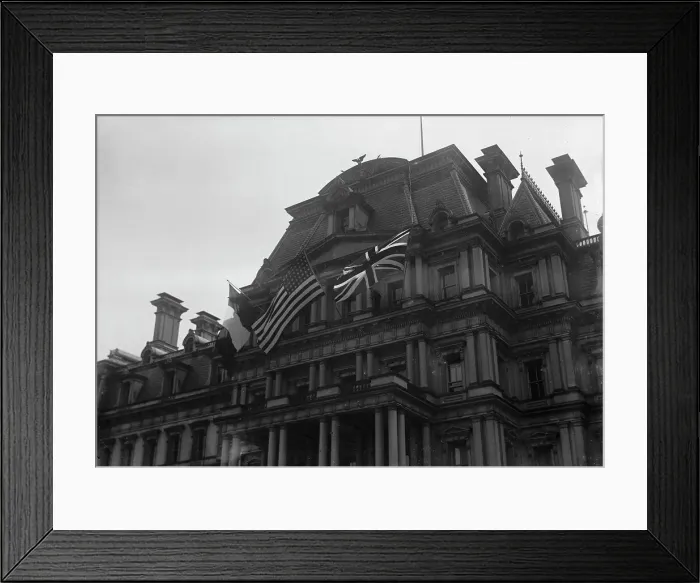 Framed Print : Flags - American, British, And French Flags On State Department. Visit of Allied Commission, 1917. Creator: Harris & Ewing. Flags - American, British, And French Flags On State Department. Visit of Allied Commission, 1917 Framed Print : Flags - American, British, And French Flags On State Department. Visit of Allied Commission, 1917. Creator: Harris & Ewing. Flags - American, British, And French Flags On State Department. Visit of Allied Commission, 1917
