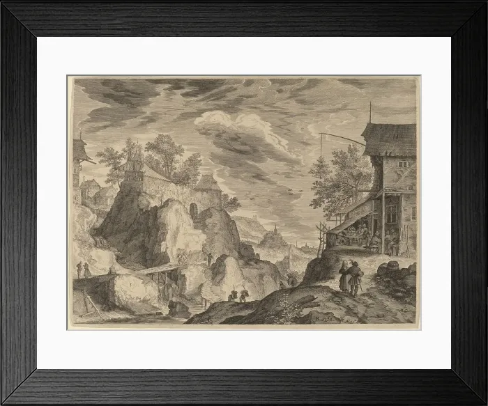 Framed Print : Landscape with an Inn to the Right and House on Rocks to the Left, probably c. 1609. Creator: Aegidius Sadeler II Framed Print : Landscape with an Inn to the Right and House on Rocks to the Left, probably c. 1609. Creator: Aegidius Sadeler II