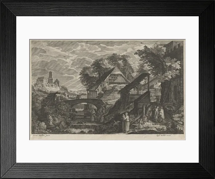 Framed Print : Farm Houses by a River with a City Beyond, 1610 / 1615. Creators: Aegidius Sadeler II, Pieter Stevens Framed Print : Farm Houses by a River with a City Beyond, 1610 / 1615. Creators: Aegidius Sadeler II, Pieter Stevens