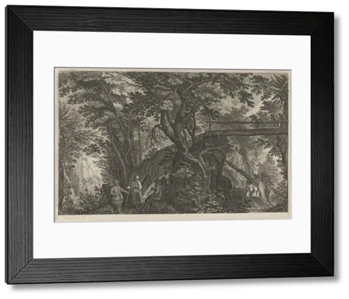 Framed Print : Travelers Resting in a Mountain Forest by a Log Bridge, 1600 / 1615. Creators: Aegidius Sadeler II, Pieter Stevens Framed Print : Travelers Resting in a Mountain Forest by a Log Bridge, 1600 / 1615. Creators: Aegidius Sadeler II, Pieter Stevens