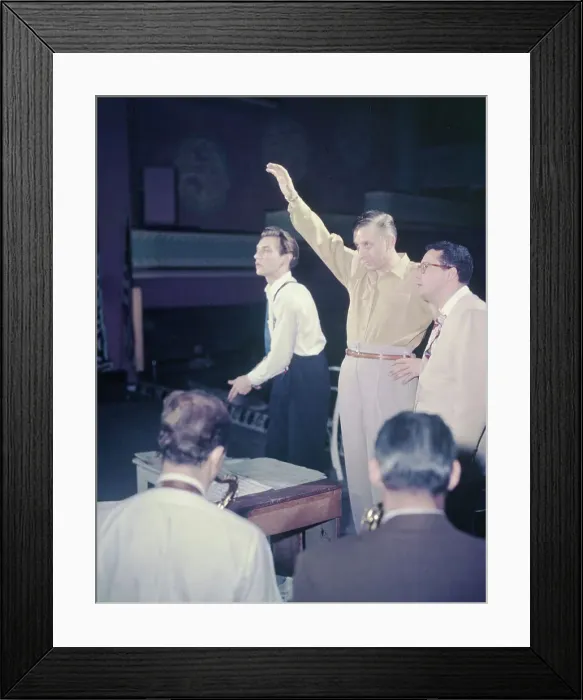 Framed Print : Portrait of Stan Kenton, Pete Rugolo, and Bob Graettinger, Richmond, Va.(?), 1947 or 1948. Creator: William Paul Gottlieb Framed Print : Portrait of Stan Kenton, Pete Rugolo, and Bob Graettinger, Richmond, Va.(?), 1947 or 1948. Creator: William Paul Gottlieb