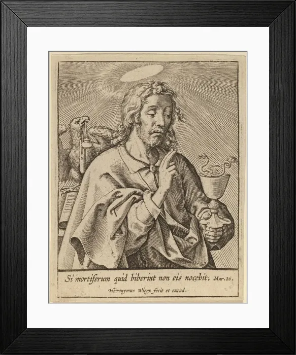 Framed Print : Si mortiferum quid biberint... (Saint John the Evangelist). Creator: Hieronymous Wierix Framed Print : Si mortiferum quid biberint... (Saint John the Evangelist). Creator: Hieronymous Wierix