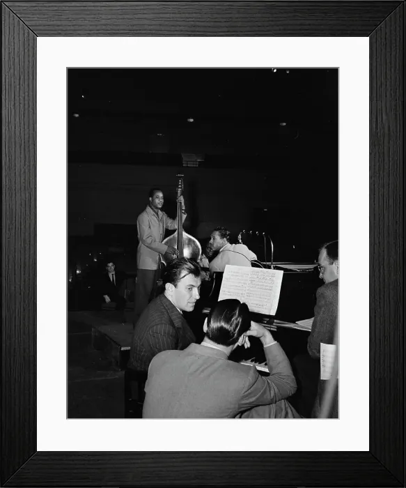 Framed Print : Portrait of Eddy Duchin, Wesley Prince, Nat King Cole, and Oscar Moore, New York, ca. July 1946. Creator: William Paul Gottlieb Framed Print : Portrait of Eddy Duchin, Wesley Prince, Nat King Cole, and Oscar Moore, New York, ca. July 1946. Creator: William Paul Gottlieb