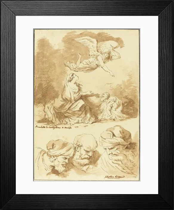 Framed Print : Hagar Consoled by an Angel (from a painting by Castiglione) and Three Heads of Old Men... 1774. Creator: Jean Claude Richard Saint-Non Framed Print : Hagar Consoled by an Angel (from a painting by Castiglione) and Three Heads of Old Men... 1774. Creator: Jean Claude Richard Saint-Non