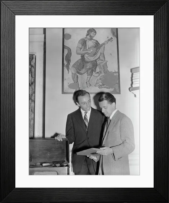 Framed Print : Portrait of Ahmet M. Ertegun and Nesuhi Ertegun, Turkish Embassy, Washington, D.C. ca. 1940. Creator: William Paul Gottlieb Framed Print : Portrait of Ahmet M. Ertegun and Nesuhi Ertegun, Turkish Embassy, Washington, D.C. ca. 1940. Creator: William Paul Gottlieb