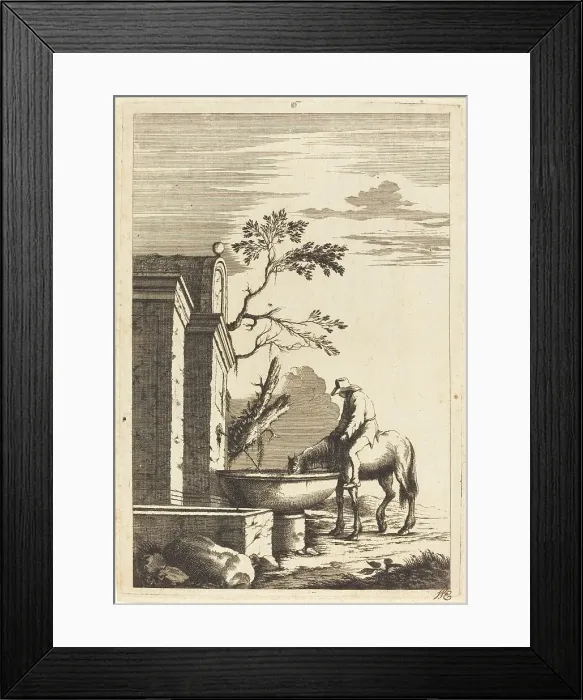 Framed Print : Horse and Rider at a Fountain, c. 1650. Creator: Bernhard Zaech Framed Print : Horse and Rider at a Fountain, c. 1650. Creator: Bernhard Zaech