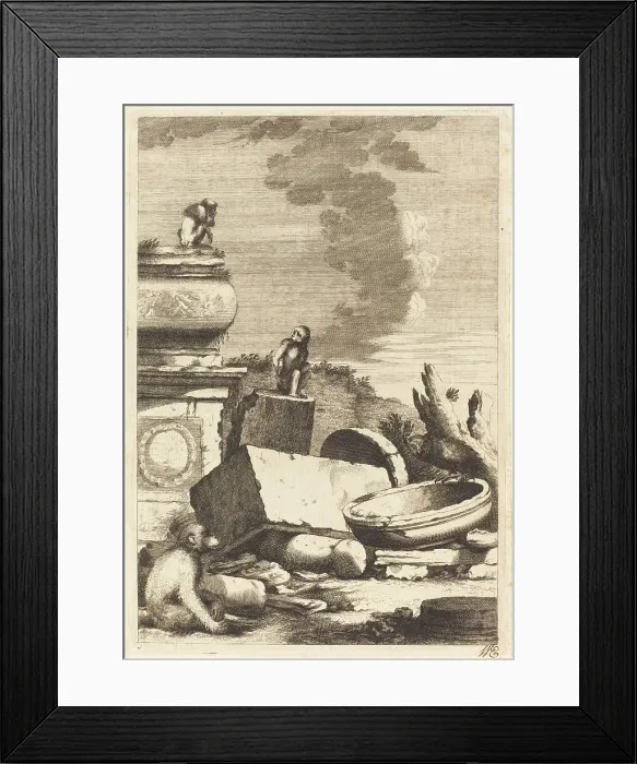 Framed Print : Ruins with Monkeys and an Owl, c. 1650. Creator: Bernhard Zaech Framed Print : Ruins with Monkeys and an Owl, c. 1650. Creator: Bernhard Zaech