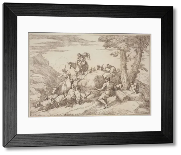 Framed Print : A Pastoral Journey with a Mother and Child on Horesback and an Elderly Shepherd... 1758 / 1759. Creator: Gaetano Gherardo Zompini Framed Print : A Pastoral Journey with a Mother and Child on Horesback and an Elderly Shepherd... 1758 / 1759. Creator: Gaetano Gherardo Zompini
