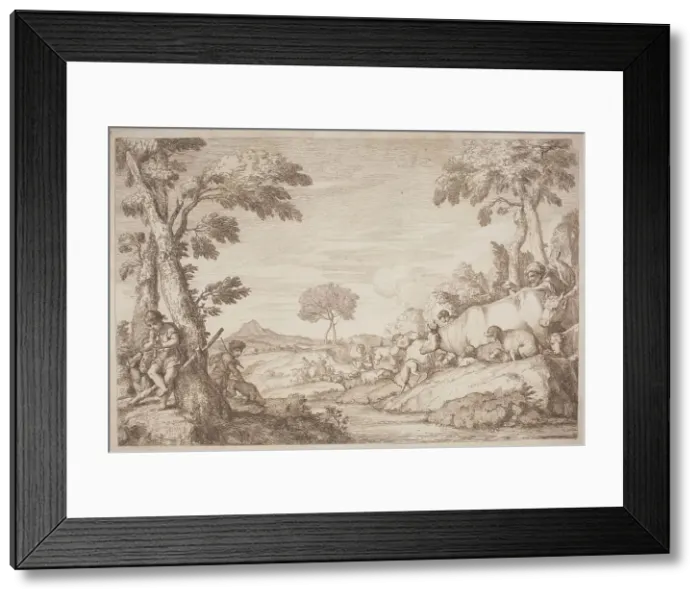 Framed Print : A Pastoral Journey with a Boy Playing His Flute by a Tree, 1759. Creator: Gaetano Gherardo Zompini Framed Print : A Pastoral Journey with a Boy Playing His Flute by a Tree, 1759. Creator: Gaetano Gherardo Zompini