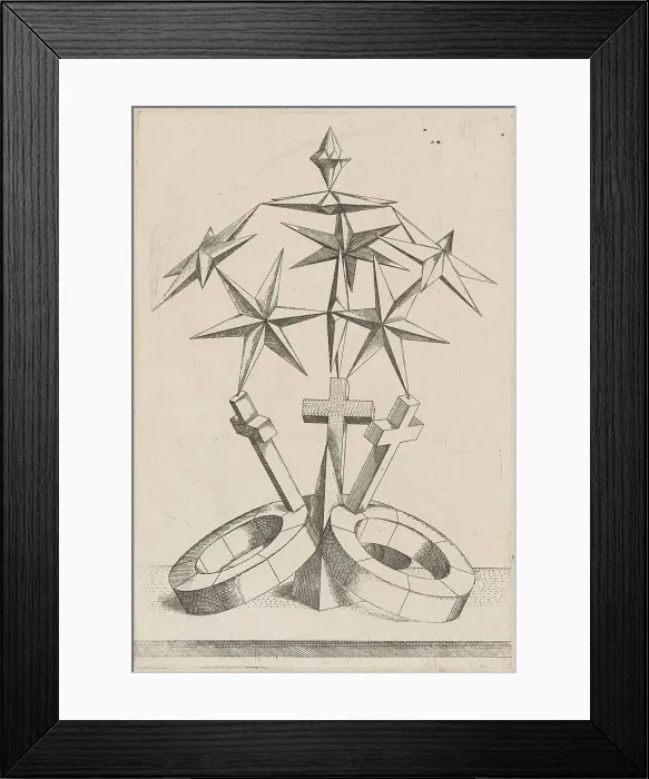 Framed Print : A Perspective of Seven Stars Balanced on Three Crosses, 1567. Creator: Mathis Zundt