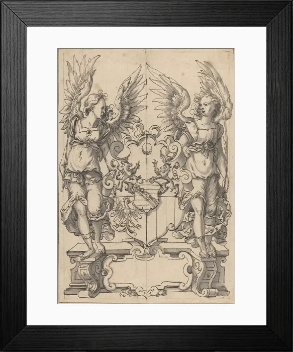 Framed Print : Two Angels Holding a Coat of Arms. Creator: Jost Ammon Framed Print : Two Angels Holding a Coat of Arms. Creator: Jost Ammon