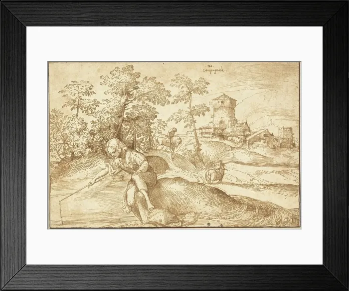 Framed Print : Landscape with a Boy Fishing, c. 1516. Creator: Domenico Campagnola Framed Print : Landscape with a Boy Fishing, c. 1516. Creator: Domenico Campagnola