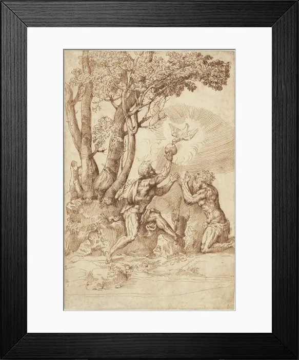 Framed Print : The Hermit Saints Paul and Anthony Receiving Bread from a Dove, 1530s. Creator: Domenico Campagnola Framed Print : The Hermit Saints Paul and Anthony Receiving Bread from a Dove, 1530s. Creator: Domenico Campagnola