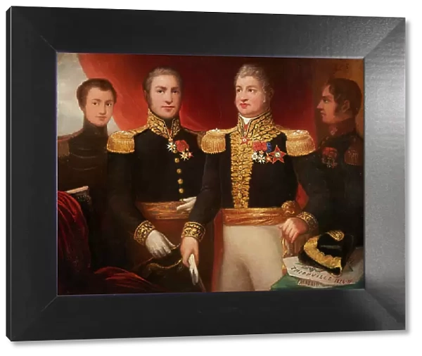 Le général Léopold Hugo avec deux de ses frères et son fils Abel en uniforme de la... c.1825. Creator: Julie Hugo