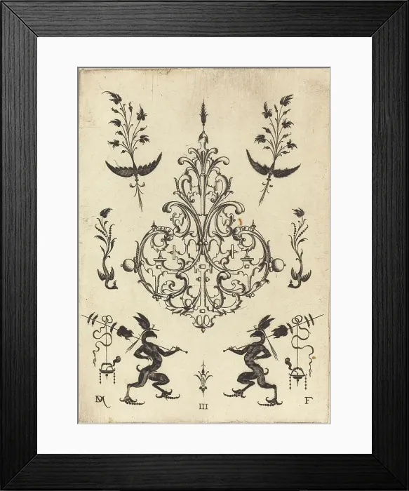 Framed Print : Brooch with Sprigs at Top and Griffins with Trophies at Bottom, 1596. Creator: Daniel Mignot Framed Print : Brooch with Sprigs at Top and Griffins with Trophies at Bottom, 1596. Creator: Daniel Mignot
