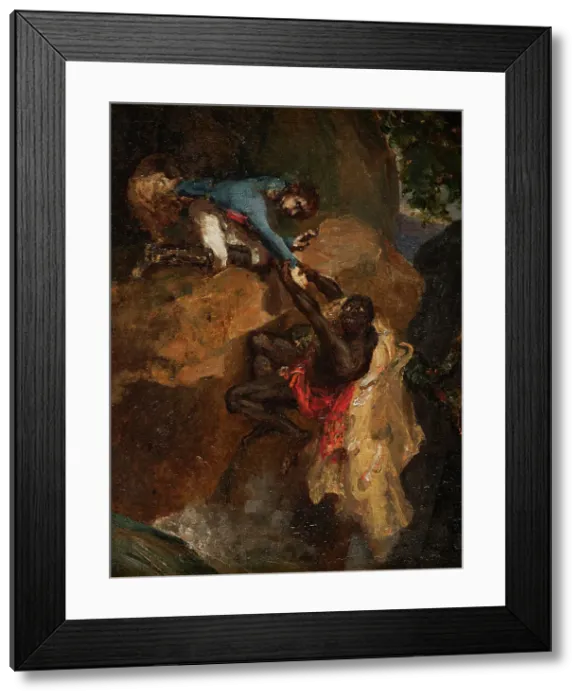 Framed Print : Leopold d'Auverney, the dog Rask and Habibrah (Bug - Jargal), c.1826. Creator: Unknown Framed Print : Leopold d'Auverney, the dog Rask and Habibrah (Bug - Jargal), c.1826. Creator: Unknown