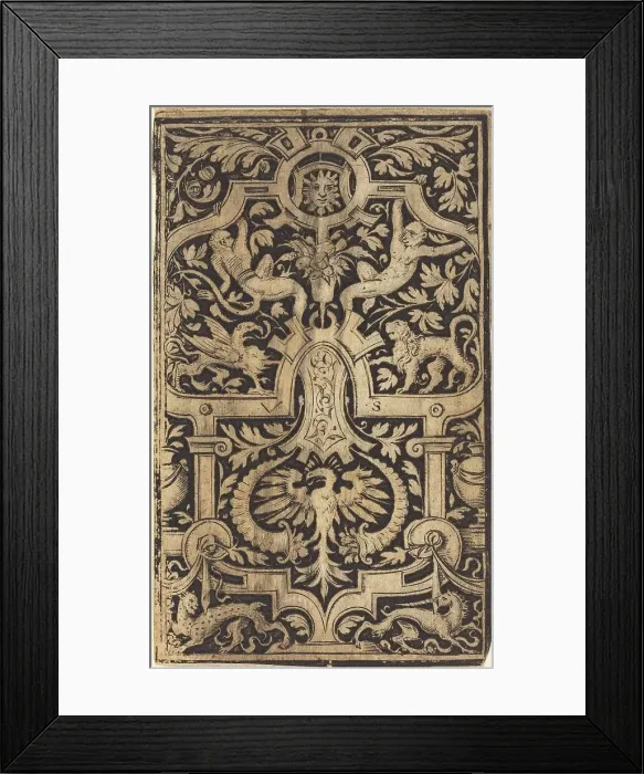 Framed Print : Strapwork and Foliage Ornament on Dark Ground with Monkeys and other Animals. Creator: Virgil Solis Framed Print : Strapwork and Foliage Ornament on Dark Ground with Monkeys and other Animals. Creator: Virgil Solis