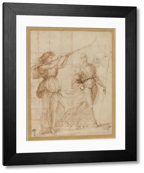 Framed Print : One Angel Blowing a Trumpet, and Another Holding a Standard, c. 1500. Creator: Fra Bartolomeo Framed Print : One Angel Blowing a Trumpet, and Another Holding a Standard, c. 1500. Creator: Fra Bartolomeo