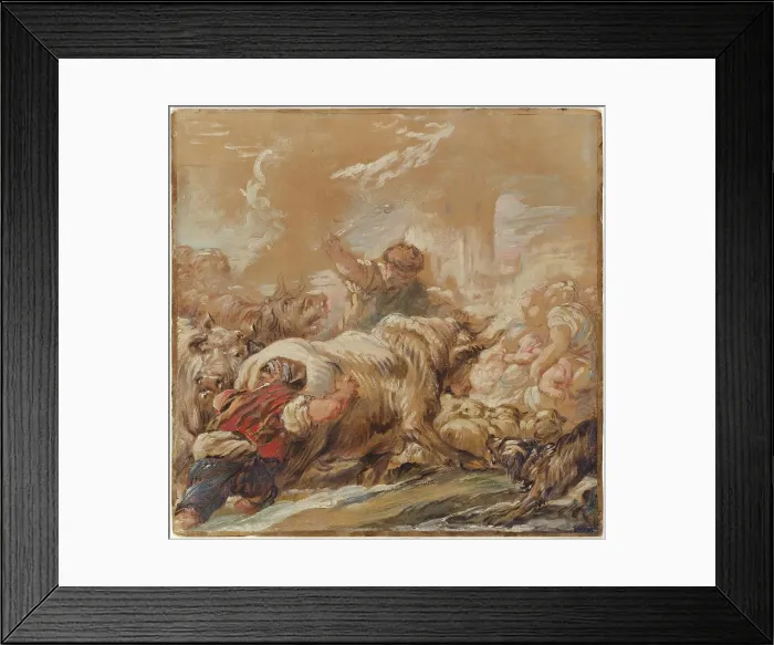 Framed Print : Herdsmen Driving Cattle across a Stream, c. 1760. Creator: Jean-Baptiste Deshays Framed Print : Herdsmen Driving Cattle across a Stream, c. 1760. Creator: Jean-Baptiste Deshays